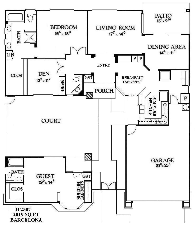 Black-and-white house floor plan with labeled rooms, courtyard, patio, garage, porch, and garden space