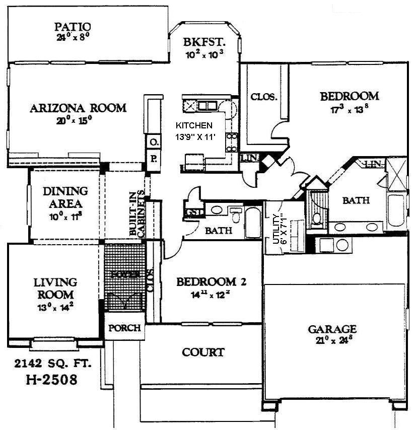 Black-and-white floor plan of a 2,142 sq ft home with rooms, patio, garage, and court labeled