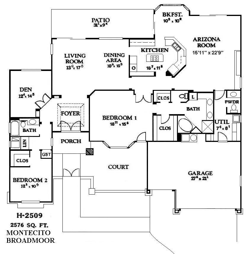 Black-and-white floor plan of a house with labeled rooms, patio, garage, and courtyard.