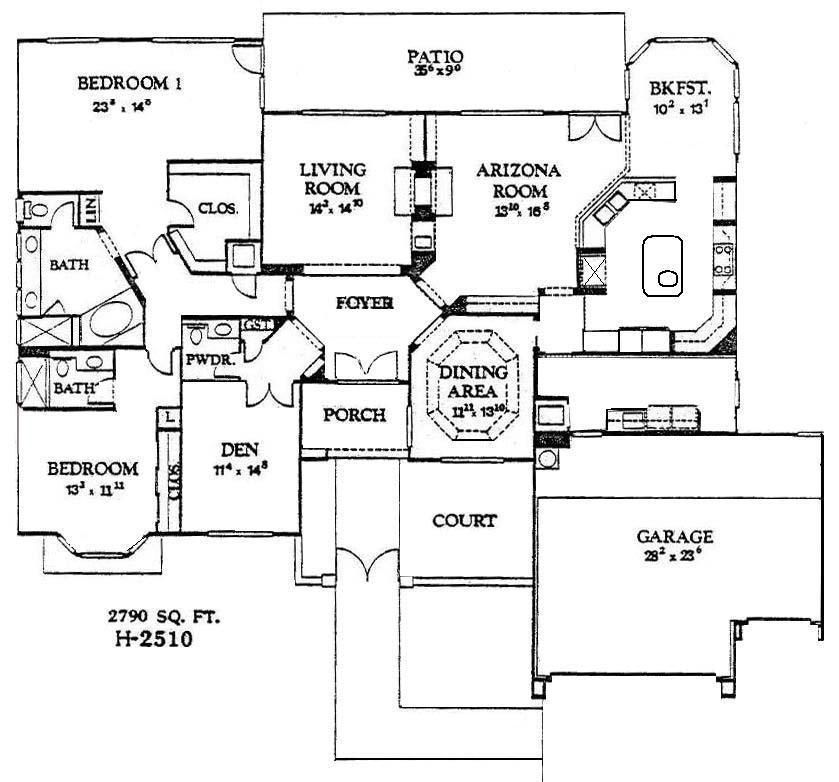 Floor plan of a house with labeled rooms, patio, porch, court, and garage.