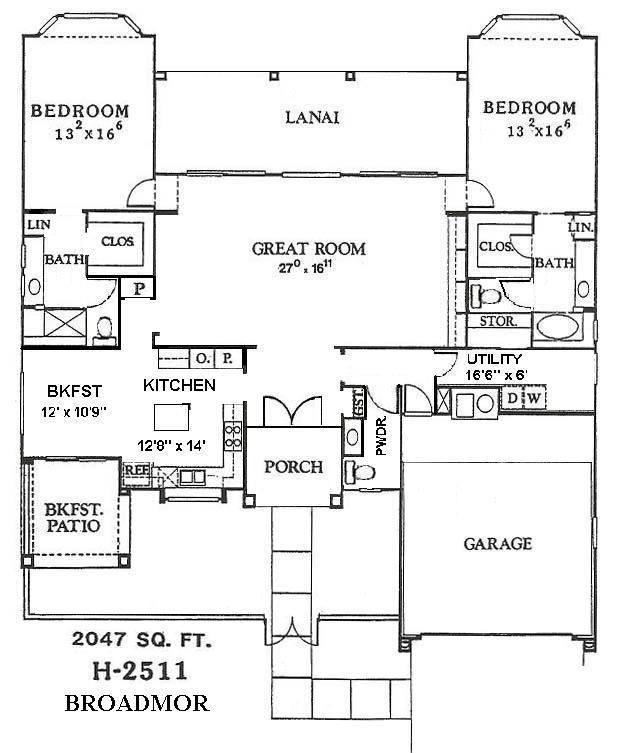 Black-and-white home floor plan with bedrooms, great room, kitchen, lanai, and garage labeled.
