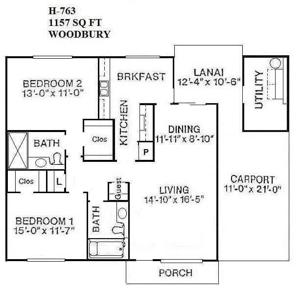 Black-and-white house floor plan labeled H-763, 1157 sq ft, Woodbury, with rooms and carport labeled