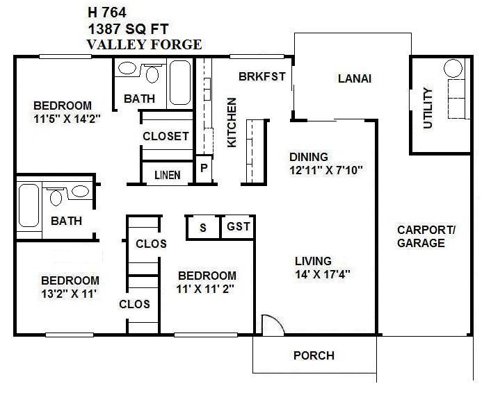 Floor plan of a 3-bedroom, 2-bath home with living, dining, kitchen, porch, and carport/garage.