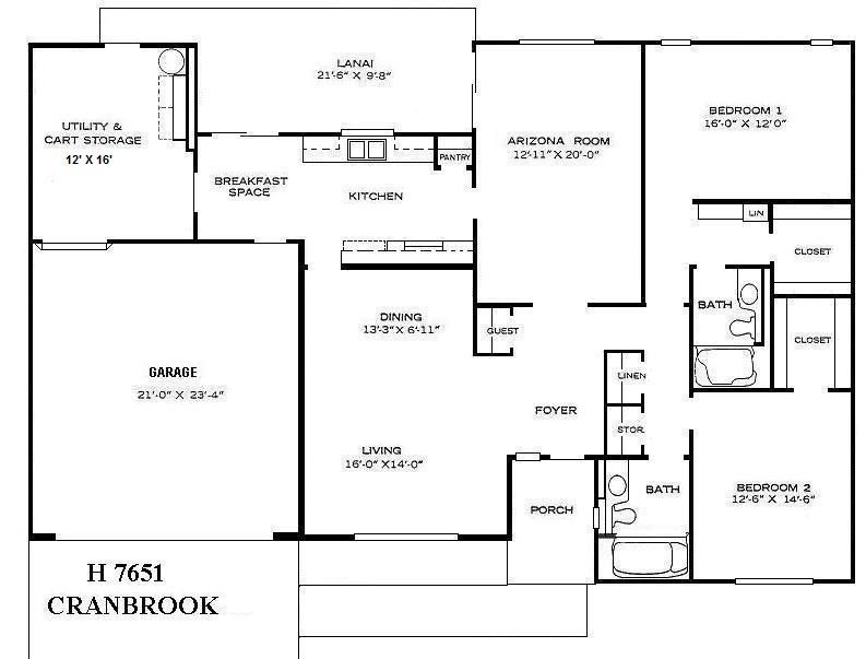 Floor plan of a Cranbrook house with labeled rooms, including kitchen, living room, bedrooms, and baths.