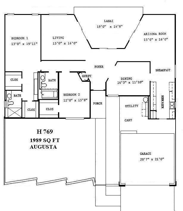 Black-and-white floor plan of a house labeled 1989 sq ft Augusta, with rooms and garage shown.