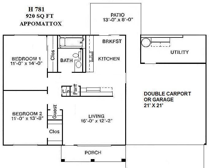 Floor plan of a 2-bedroom, 1-bath apartment with living, kitchen, patio, porch, carport, and utility areas.