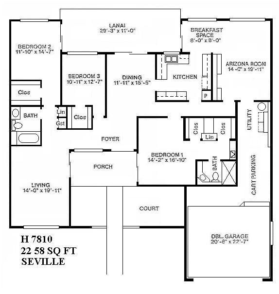 Black-and-white labeled house floor plan for a 2,258 sq ft Seville home.
