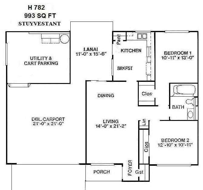 Floor plan of a 993 sq ft 2-bedroom, 2-bath stucco house with lanai, porch, carport, and garage entry.