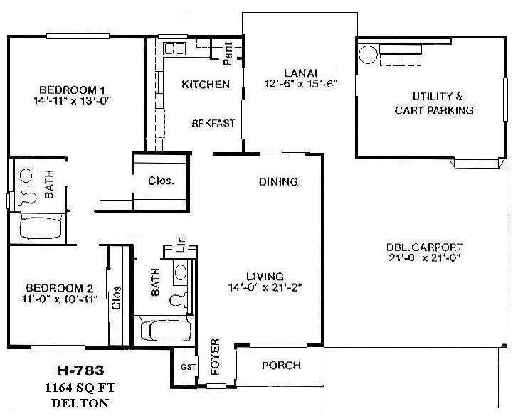 Apartment floor plan with bedrooms, kitchen, living, dining, porch, lanai, utility, and carport areas