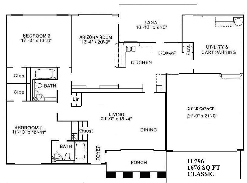 Floor plan of a 3-bedroom, 2-bath classic house with porch, kitchen, dining, living room, garage, and utility area