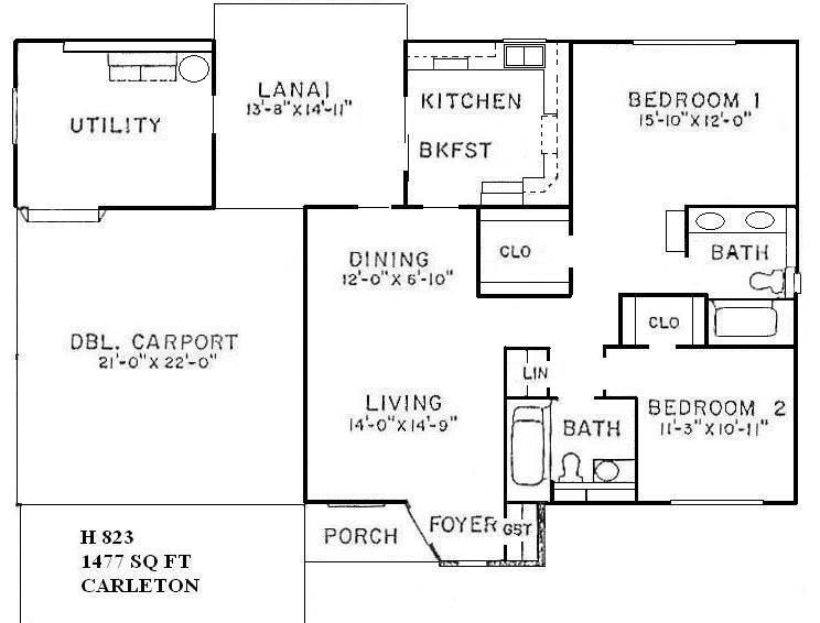 House floor plan showing living, dining, kitchen, bedrooms, baths, utility, porch, and carport.