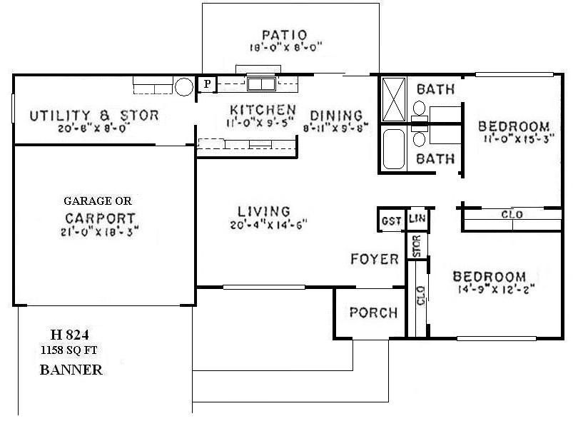 Black-and-white floor plan of a house with labeled rooms, porch, garage, patio, and utility/storage areas