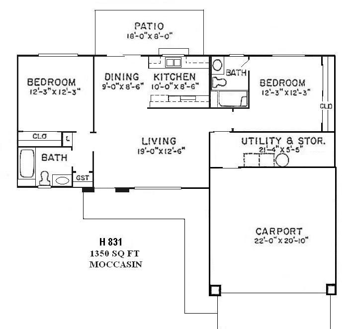 Black-and-white house floor plan with labeled rooms, patio, utility, baths, bedrooms, and carport.