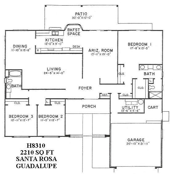 Black-and-white floor plan of a Santa Rosa 2210 sq ft house with labeled rooms, patio, porch, and garage