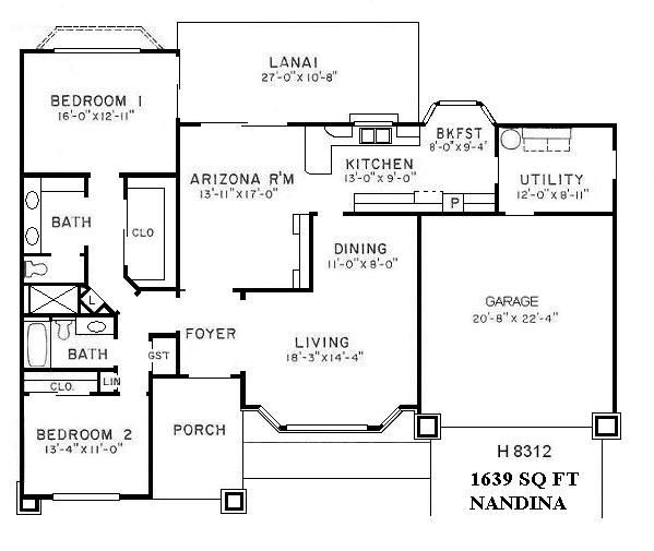 Floor plan of a 3-bedroom, 2-bath house with lanai, garage, living room, dining area, and kitchen.