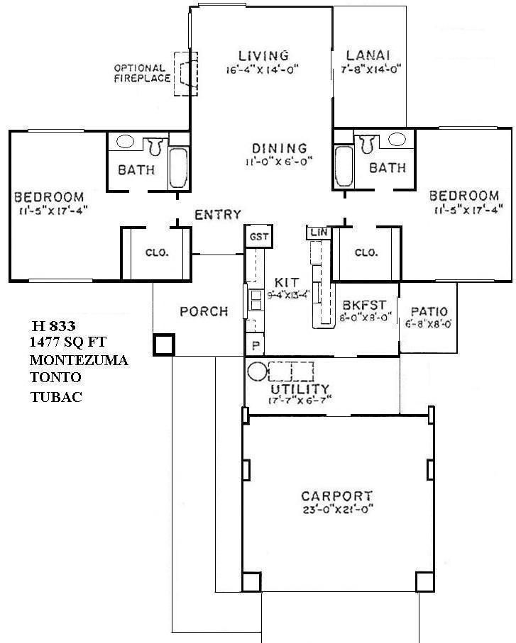 Black-and-white floor plan of a house with living, dining, bedrooms, baths, kitchen, patio, and carport.