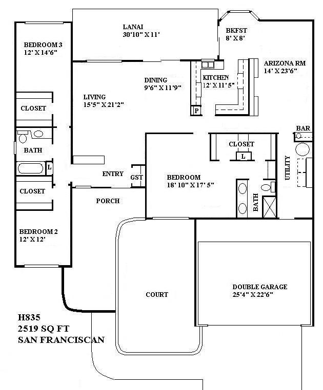 Black-and-white floor plan of a San Franciscan house with labeled rooms, porch, and courtyard.