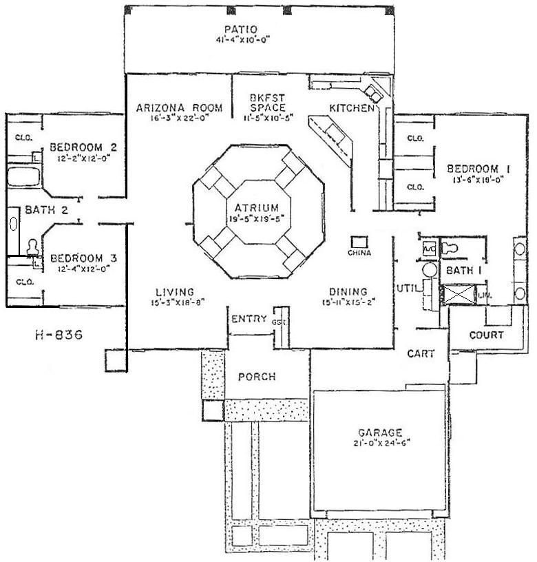 Black-and-white house floor plan with labeled rooms, central atrium, patio, porch, and garage.