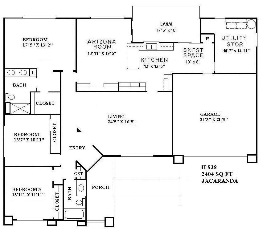 Black-and-white floor plan of a 3-bedroom house with living, kitchen, garage, lanai, porch, and utility spaces