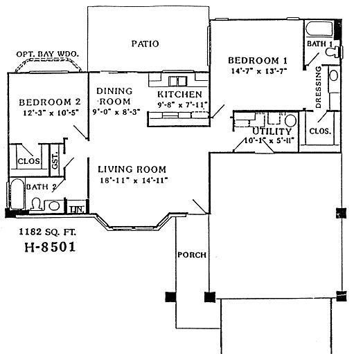 Floor plan of a 2-bedroom, 2-bath home with living room, kitchen, dining room, patio, porch, and garage.