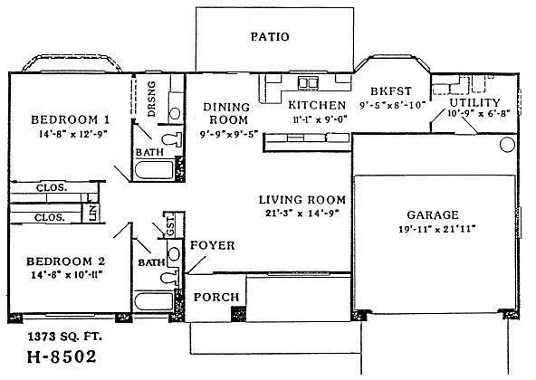 Black-and-white house floor plan with labeled rooms, including bedrooms, kitchen, dining room, living room, garage, and patio.