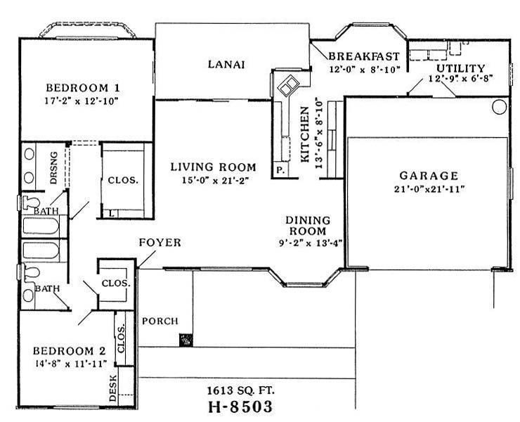 Floor plan of a house with labeled rooms, porch, lanai, and garage.