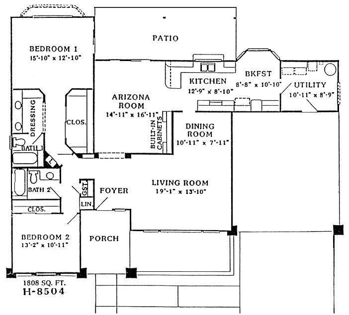 Black-and-white floor plan of a house with labeled rooms, patio, porch, kitchen, dining, living, bedrooms, and baths