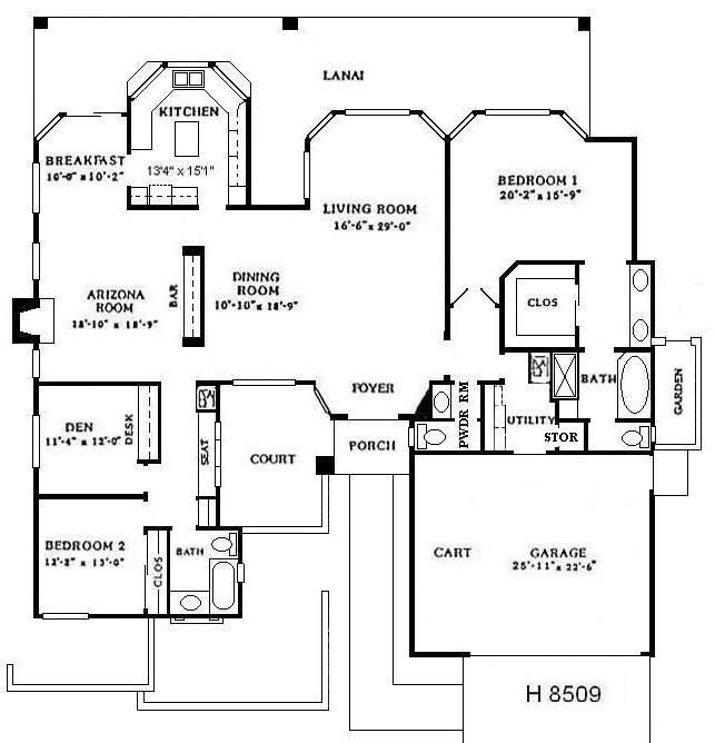 Black-and-white house floor plan showing labeled rooms, hall, kitchen, garage, bedrooms, and baths
