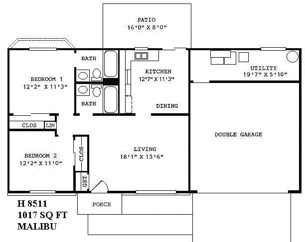 Floor plan of a Malibu house with bedroom, kitchen, living room, patio, and 2-car garage.