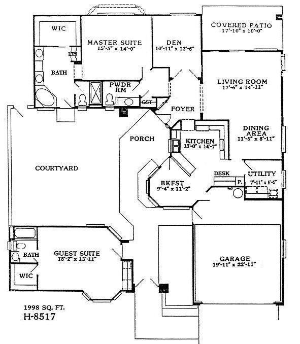 Floor plan of a house with courtyard, living room, dining room, master and guest suites, and garage.