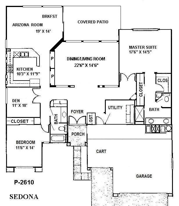 Black-and-white Sedona house floor plan with labeled rooms, patio, garage, and bedrooms.