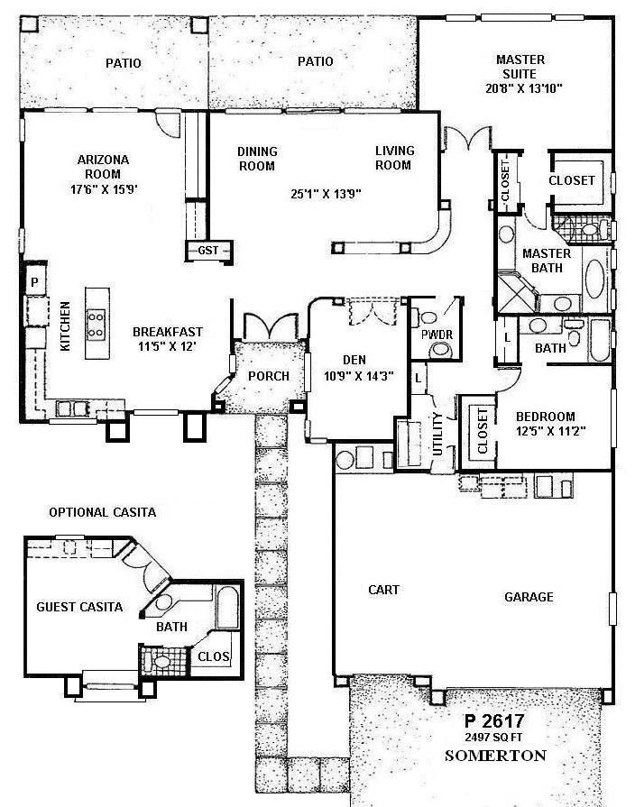 Floor plan of a house showing rooms, closets, baths, garage, and front entry.