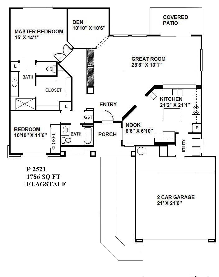 Floor plan of a house with master bedroom, living area, covered patio, and 2-car garage.