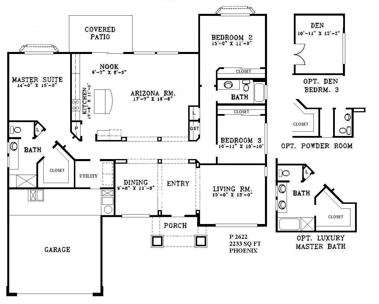 Black-and-white architectural floor plan with labeled rooms, baths, closets, garage, and covered patio.