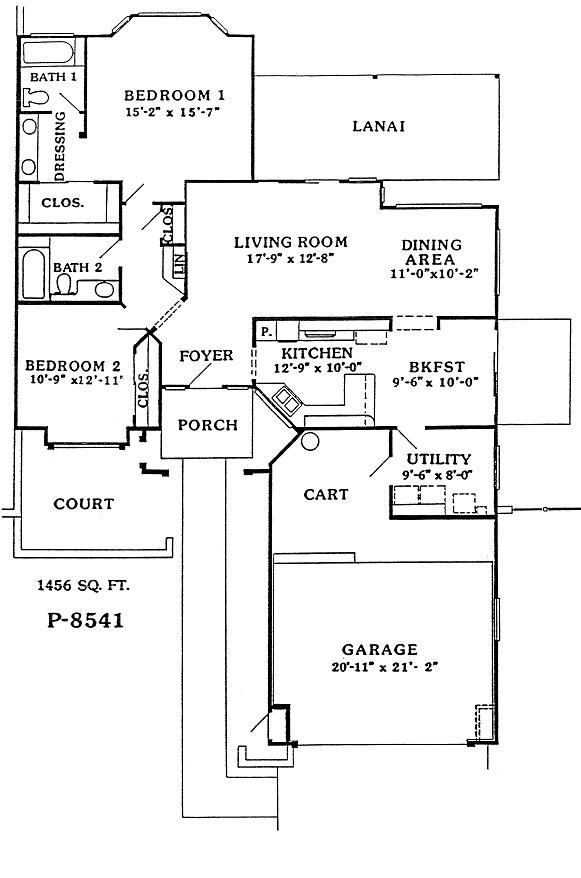 Black-and-white floor plan with labeled rooms, porch, court, and utility areas