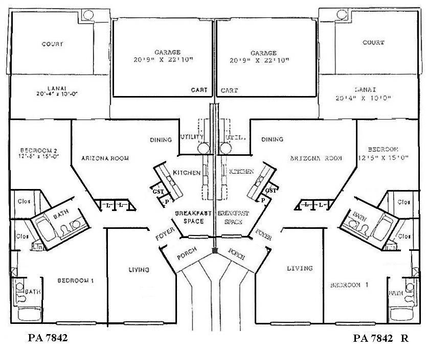 Black-and-white architectural floor plan of a duplex with mirrored rooms and center staircase.