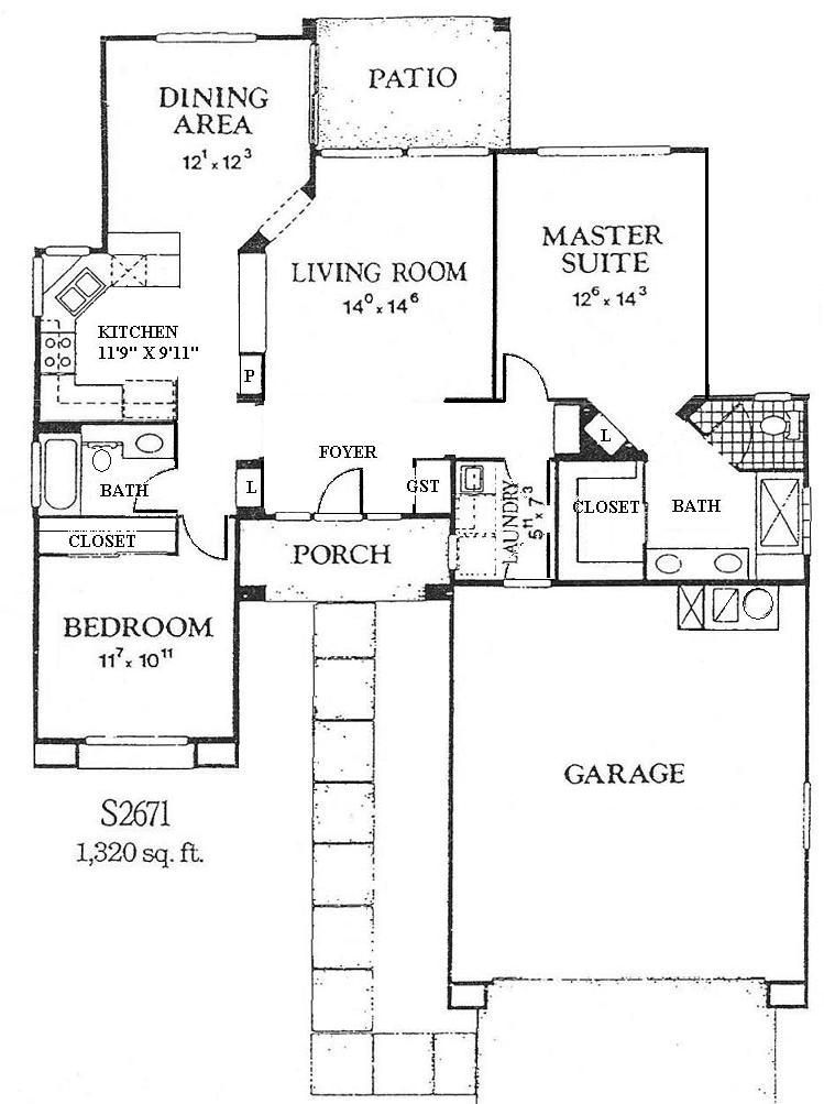 Black-and-white house floor plan with living room, dining area, patio, master suite, bedrooms, bath, garage, and porch.