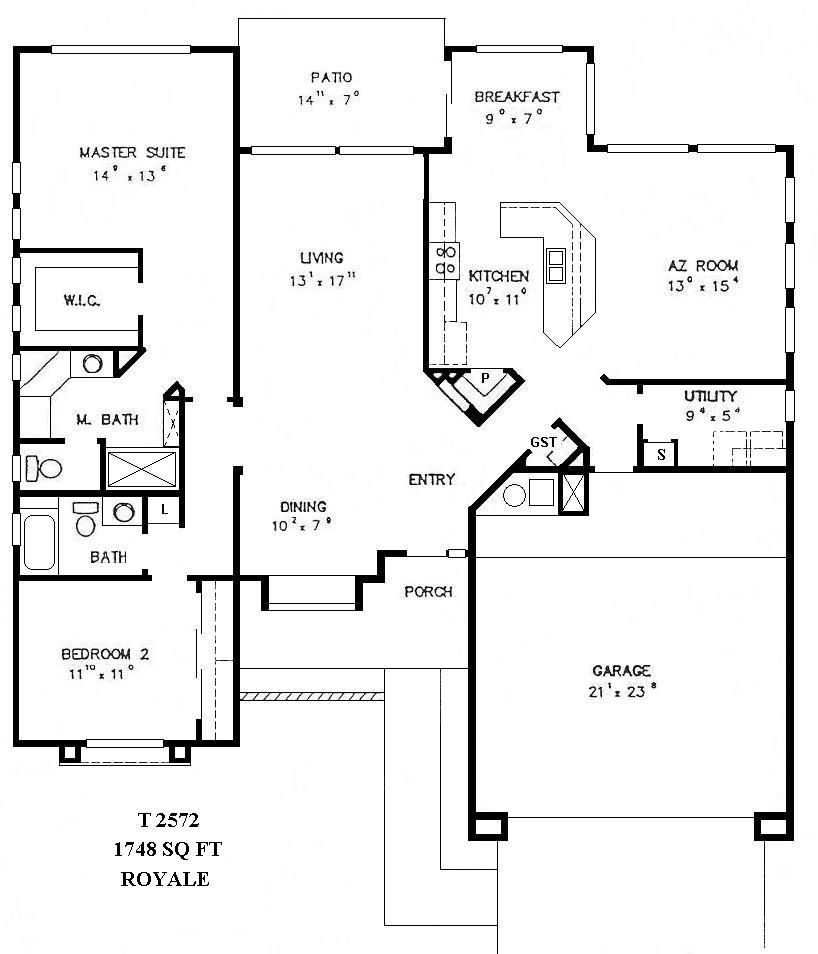 Black-and-white house floor plan with labeled rooms, garage, living area, kitchen, and bedrooms.