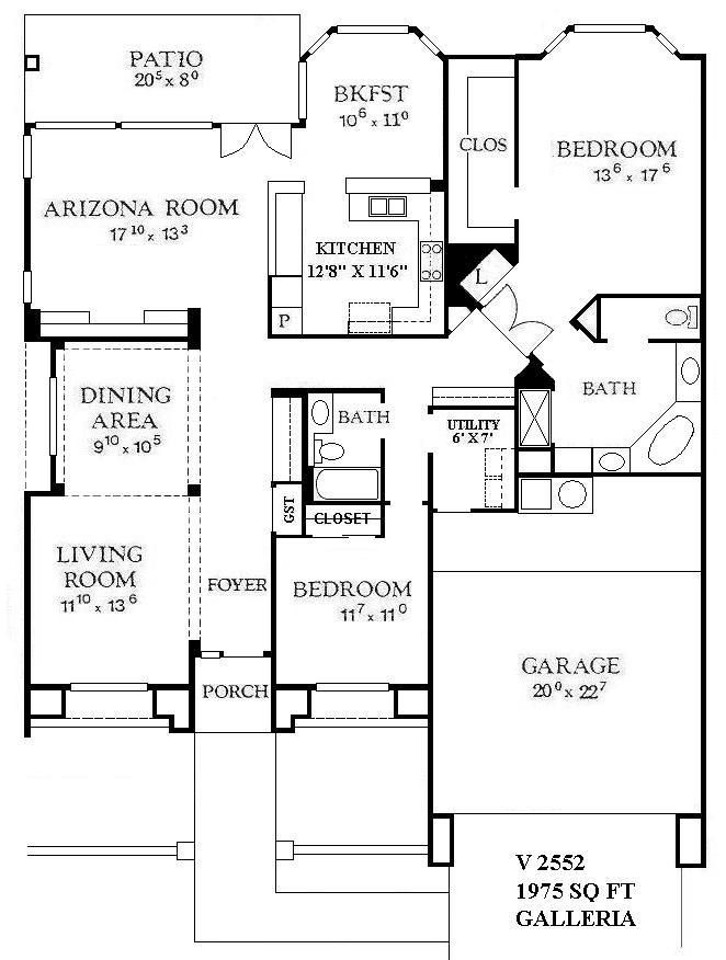 Black-and-white house floor plan labeled V-252, 1975 sq ft, with garage, bedrooms, living room, kitchen, and patio.