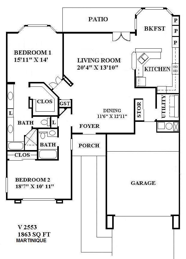 Black-and-white house floor plan with bedrooms, living room, kitchen, patio, porch, bath, and garage