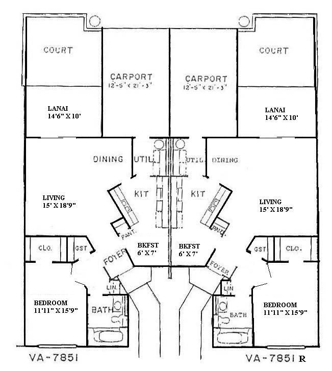 Black-and-white floor plan showing mirrored house layouts with carports, courts, living rooms, and bedrooms