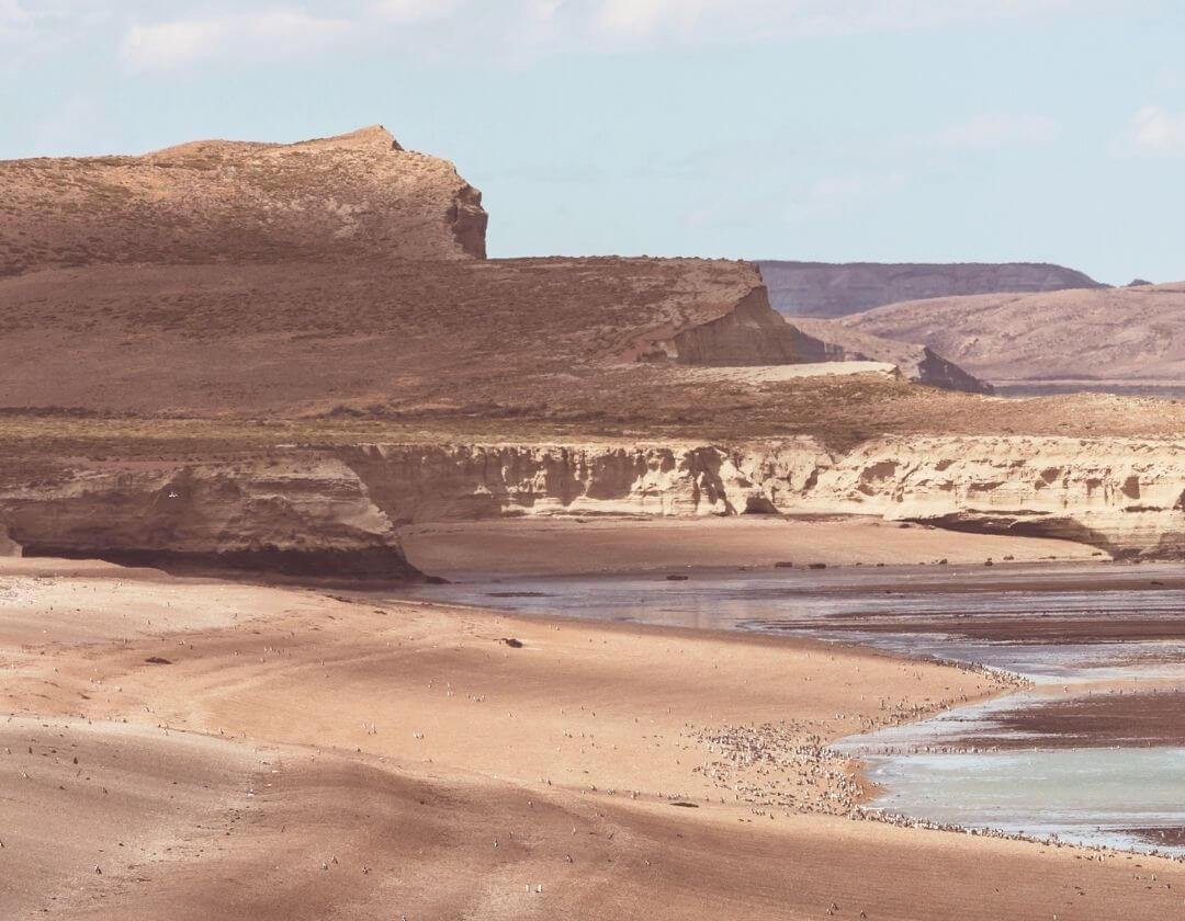 coastal desert landscape with barren, sandy coast and calm water along the shore