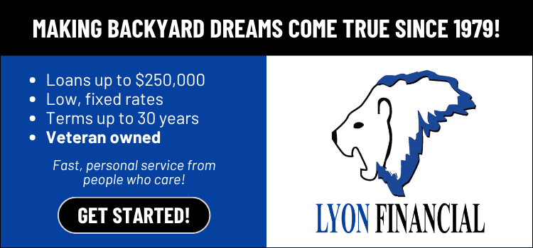 Lyon Financial backyard loan ad with blue text, dog logo, and “Get Started!” button
