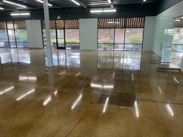 A large empty room with a shiny concrete floor and lots of windows.