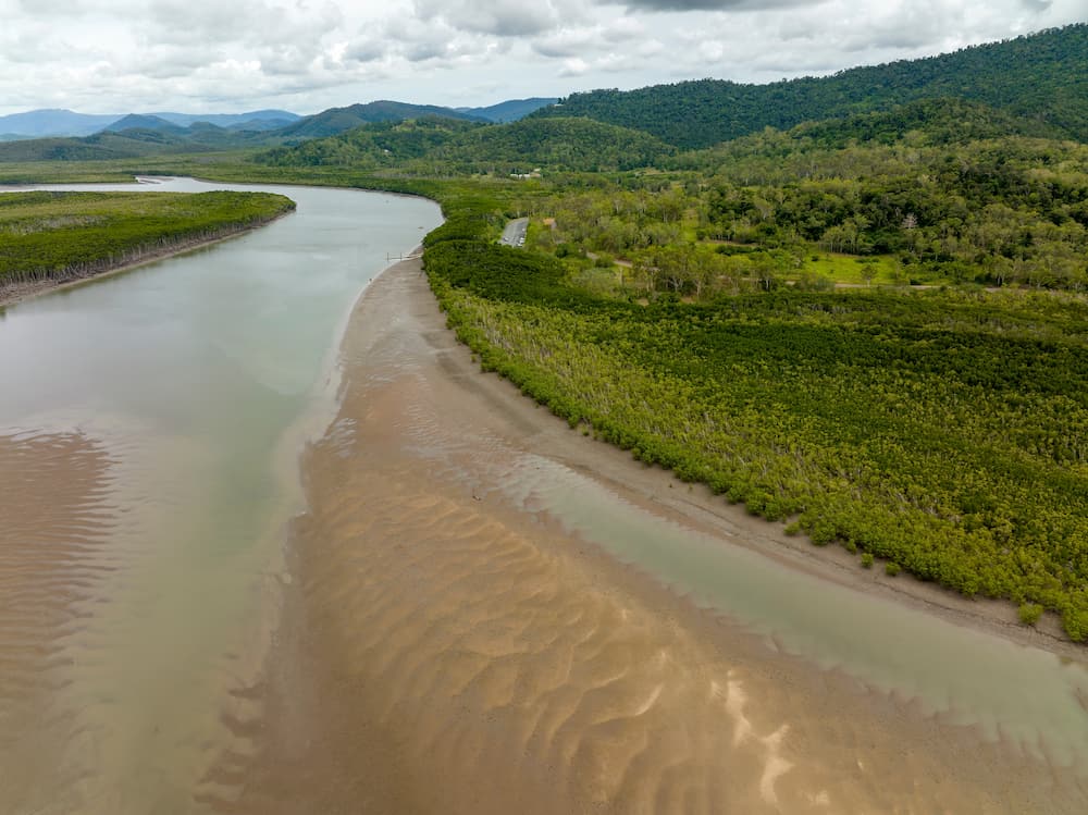 An Aerial View of a River Surrounded by Trees and Mountains — NQBC Pty Ltd in Proserpine, QLD