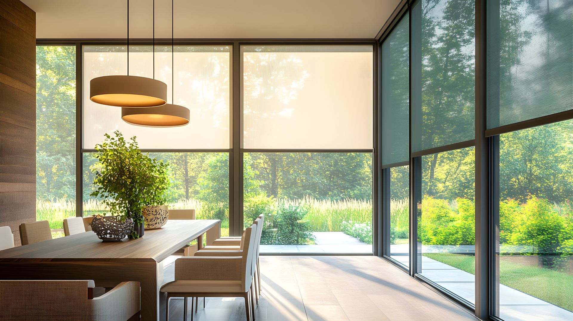Sheer dining room window treatments in a modern dining room.

