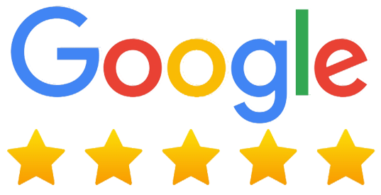 Google logo with five gold stars.