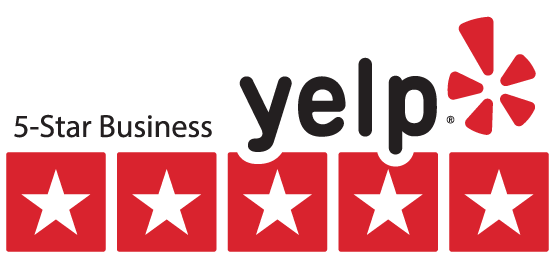 Yelp 5-Star Business badge with five red star ratings and a stylized red swirl.