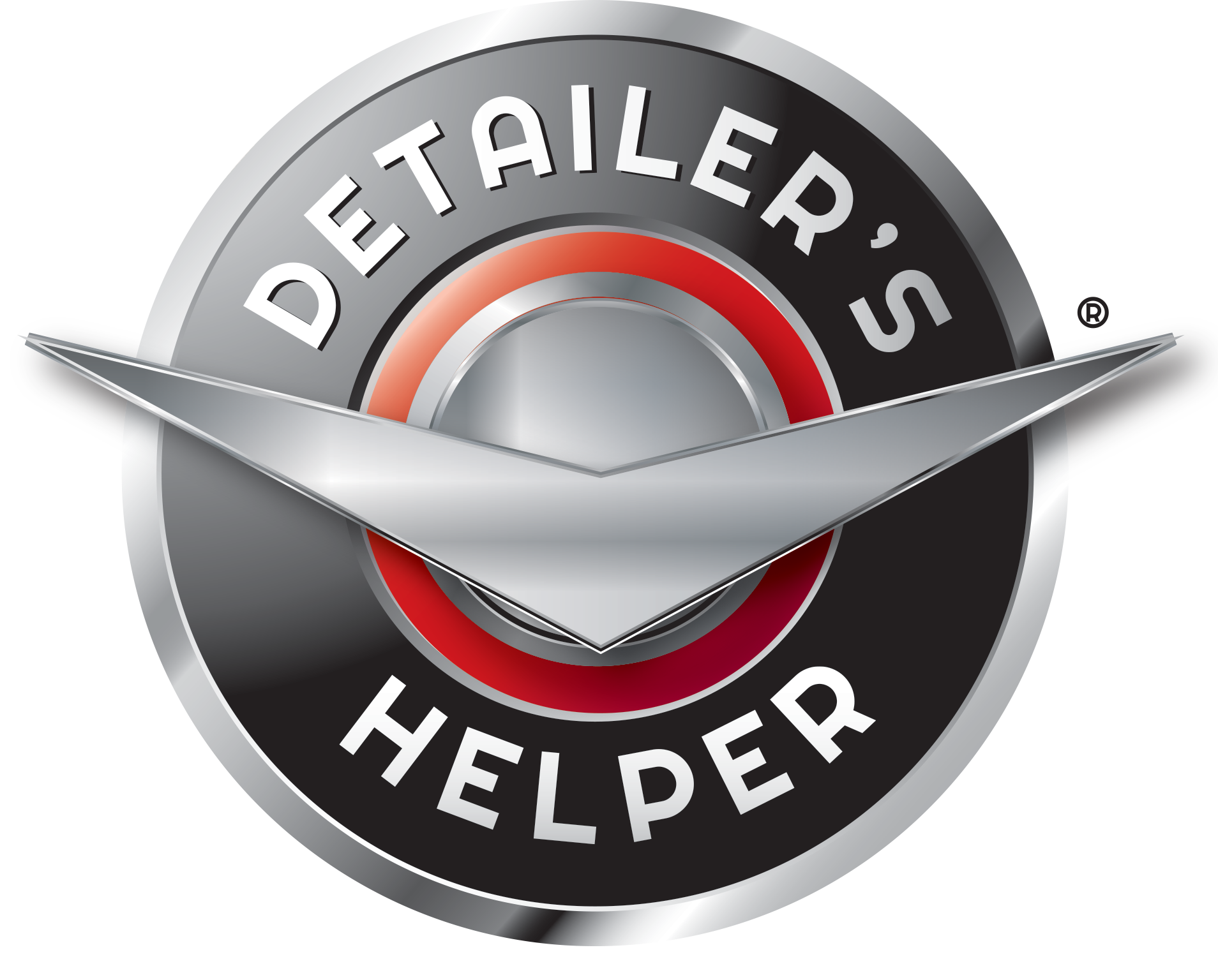 Detailer's Helper logo: Silver and red emblem with text 