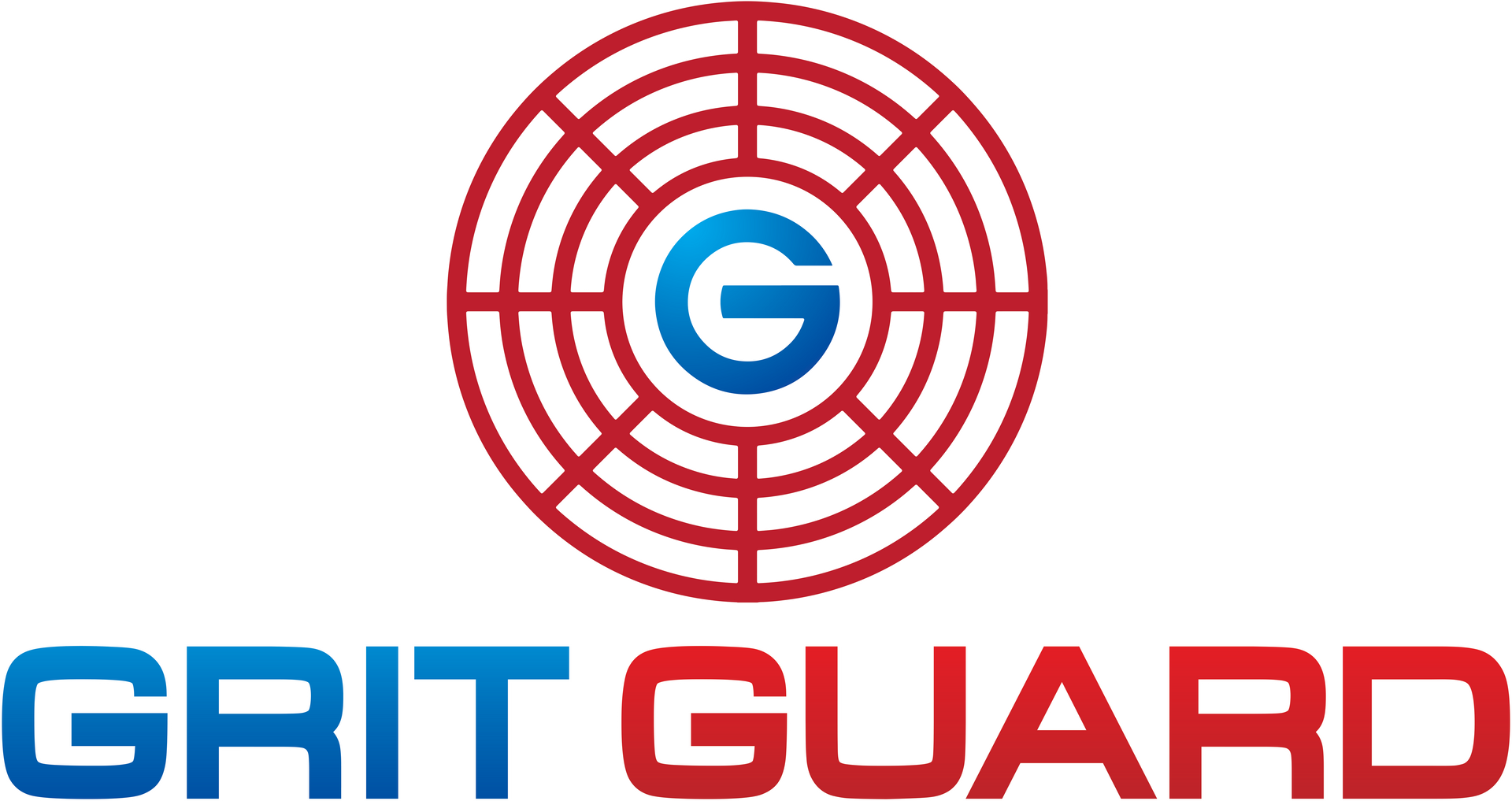 Logo: red and blue Grit Guard with a circular grid surrounding the blue letter 
